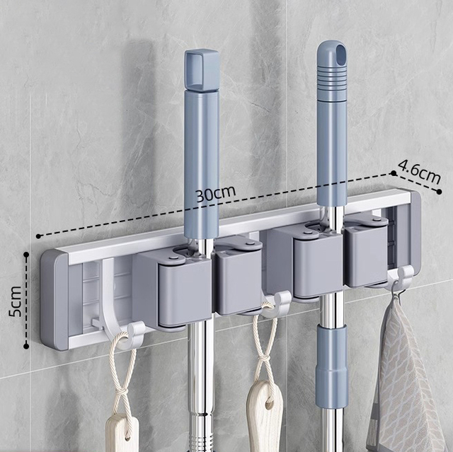 Mop en Bezem Organizer Mop Houder Rack Mop Houder Wandmontage Sterke Bezem Mop Houder Zelf Met 5-Haken Organisatoren Hang Bezem: GRIJS