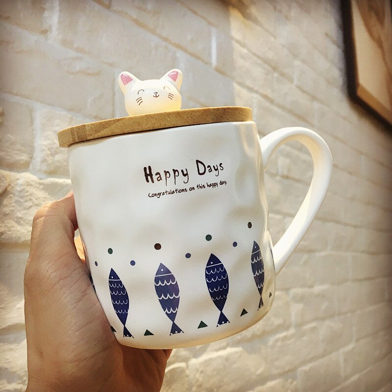 Japansk stil sød enkel tegneserie kat og fisk mærke keramisk krus med ske & dæk sæt morgenmælk krus: Design a