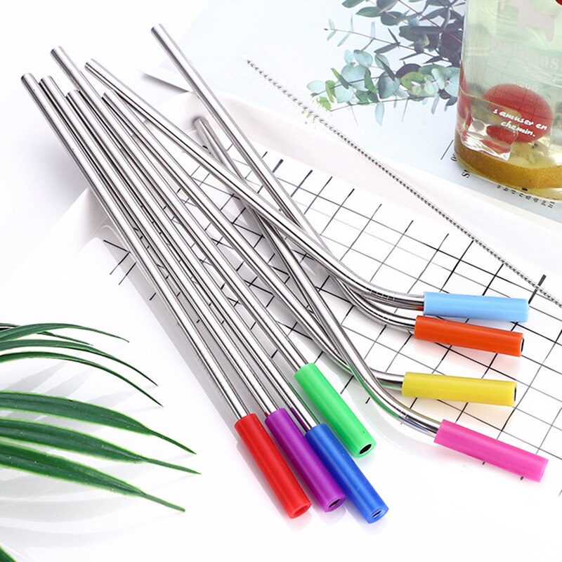 1 set Reusable Stainless Steel Straws Straight Bent Drinking Straws with Silicone Tips Cold Beverage Metal Drinking Straw