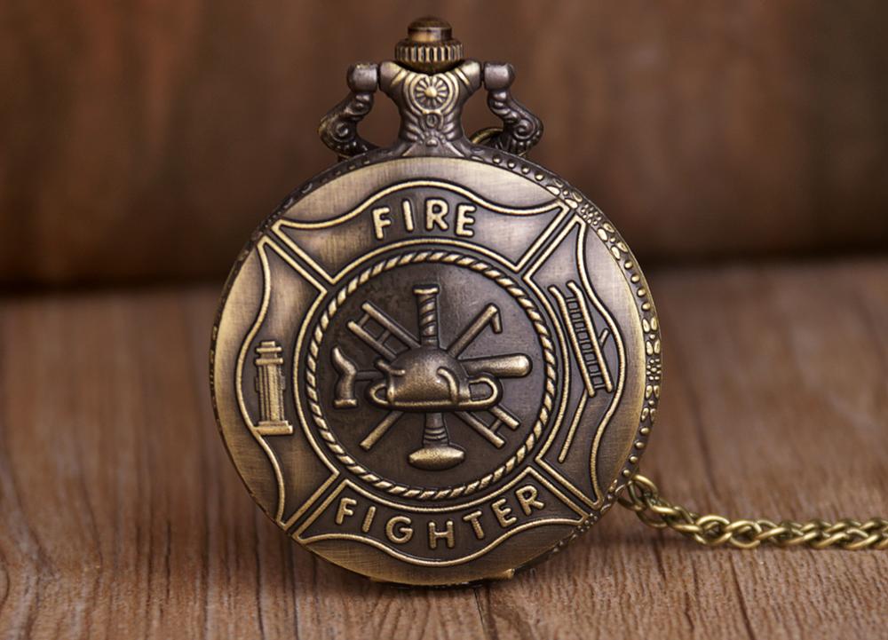 Creatitive Bronzen Fire Fighter Pocket Horloges Vintage Brons Steampunk Firefighter Quartz Horloges Romantische Souvenir Ketting
