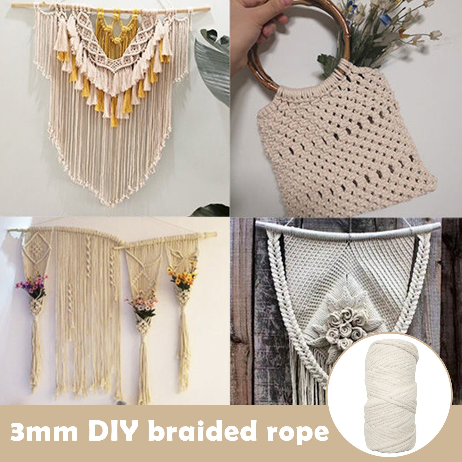 Single Rope Macrame Beige Macrame Cord Yarn Cotton Rope 3mm Single Str... – Grandado
