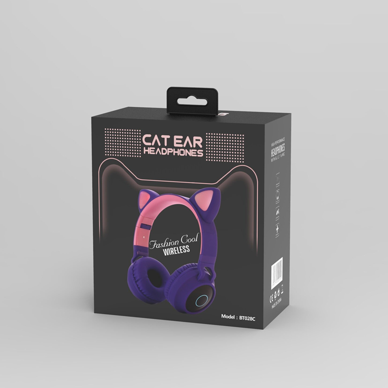 LED Cat Ear Noise Cancelling Headphones Bluetooth 5.0 Young People Kids Headset Support TF Card 3.5mm Plug With Mic: Purple with box