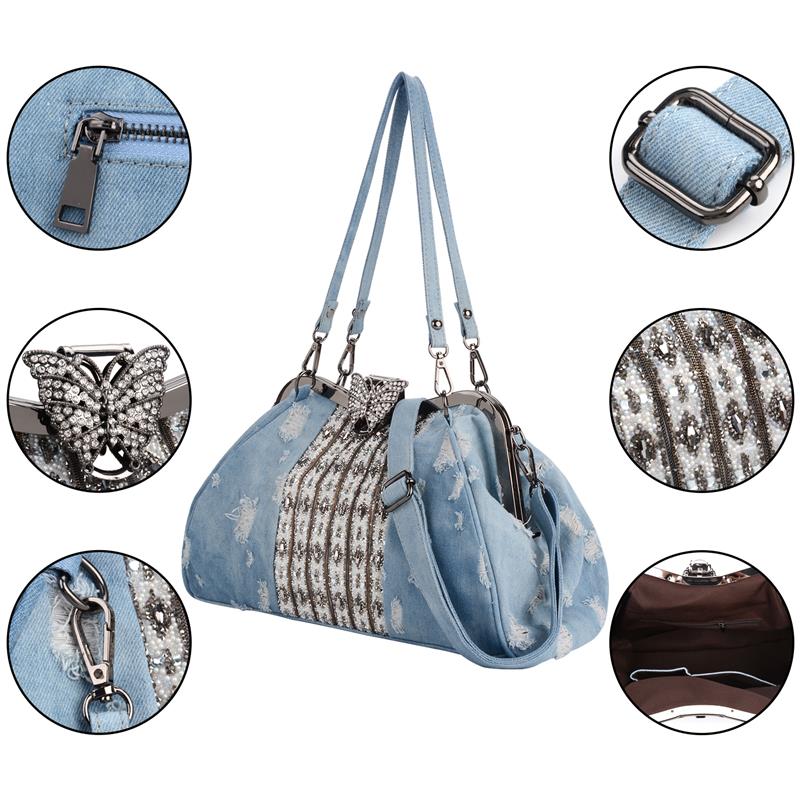 Denim Strass Kristall Frauen Handtasche oben Griff Schmetterling Dekoration Patchwork Taschen frauen Schulter Tasche Kupplung