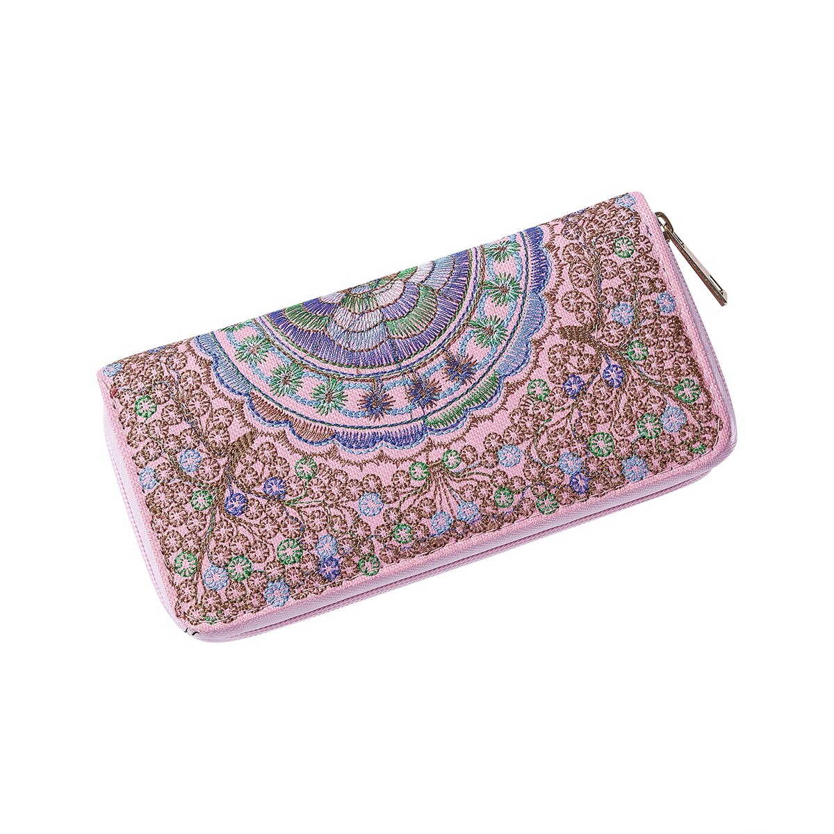 Celebrity style broderet blomsterpung lang pung til kvinder bærbar id kreditkortholder clutch: Lyserød