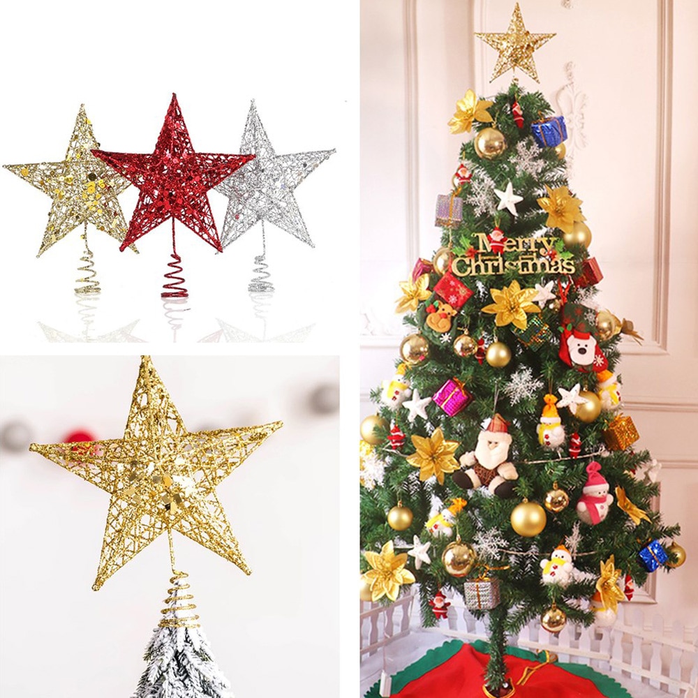 Sequin Star Xmas Tree Topper Metal Hollow Glitter Hanging Ornaments DIY Solid Color Shining Christmas Decor Photo Prop