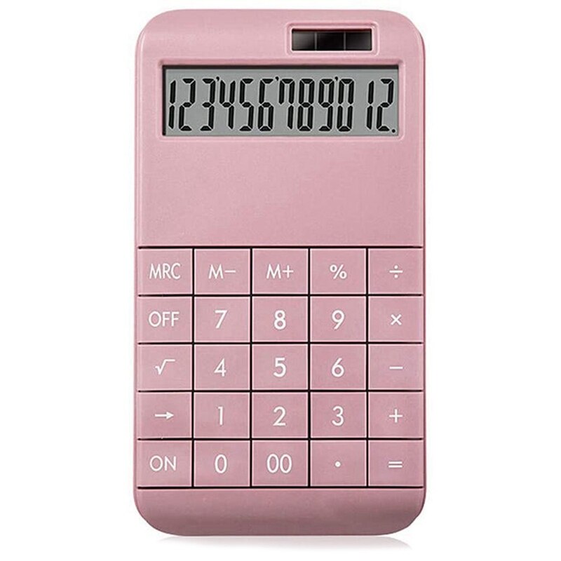 Calculator Slim, Dual Powered Desktop Calculator, Solar Power Calculator , 12 Digits LCD Display: Pink