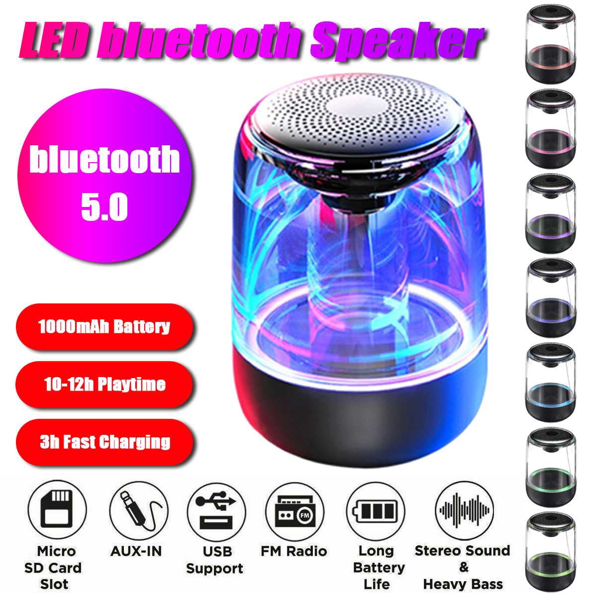 Bluetooth Wireless Speakers Waterproof Stereo Column Portable Subwoofer Speaker Romantic Colorful Light Support TF Card with Mic