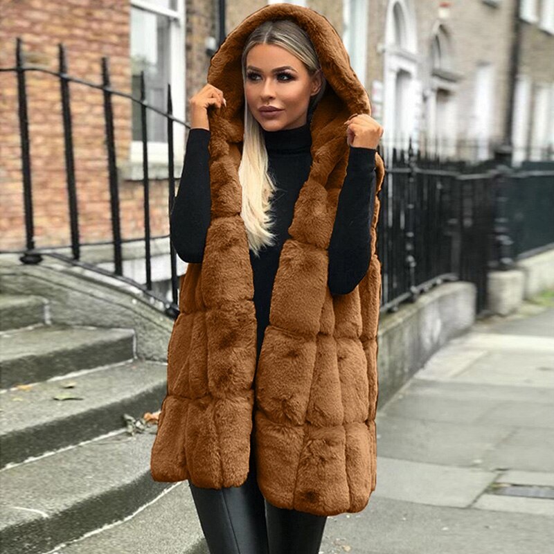 Damen Dicke Warme Mit Kapuze Faux Pelz Weste Herbst Winter Neue Ärmel Outwear Feste Farbe Lange Weste Plus Größe 3XL