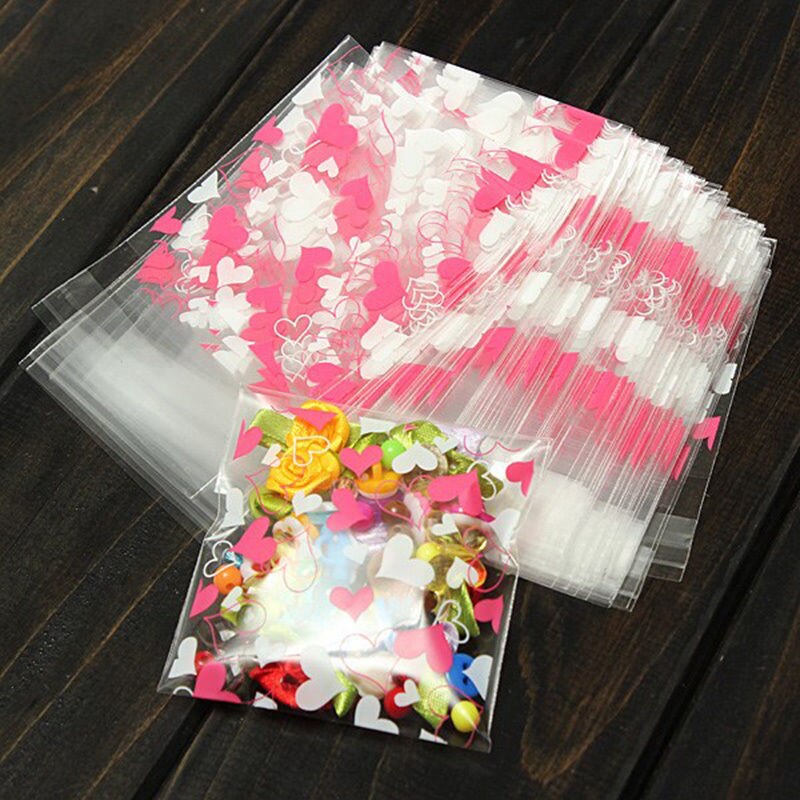 100 Stuks 7Cm * 7Cm + 3Cm Snoep Mini Roze Hart Verpakking Zak Clear Cellofaan Cookie Zoete pakket Bruiloft Verjaardagsfeestje Voor Kruisje