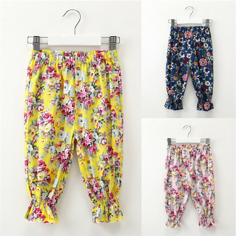 Børn baby piger bukser tøj blomstret trykt elastik talje mid wasit blomster cropped bukser pink gul marineblå