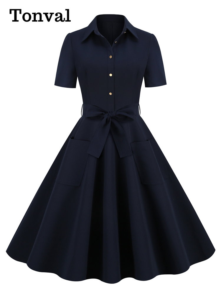 Tonval Marineblau Jahrgang Aufstecken Kleid Baumwolle lange Kleider Frauen Knopf oben Gürtel Rockabilly schwingen Kleid
