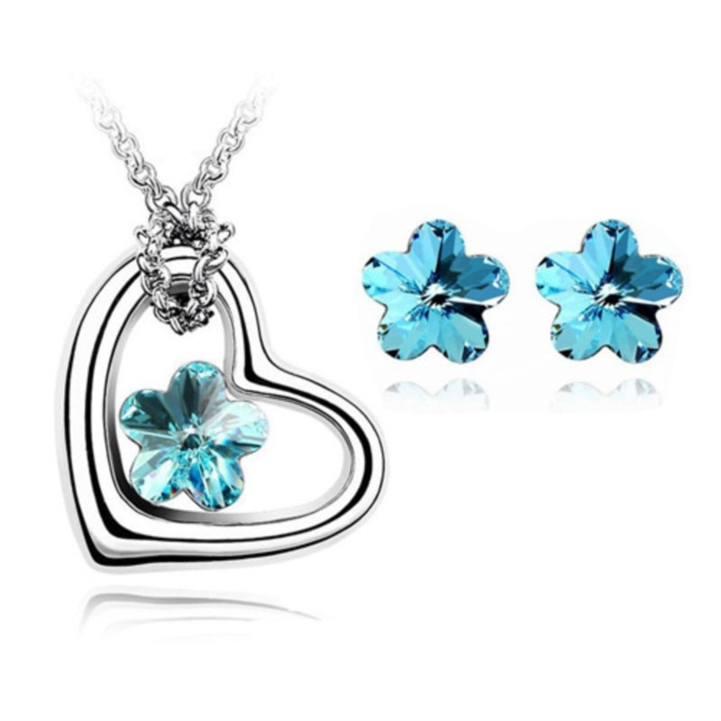 crystal Flower heart Pendant Jewelry set leaf Necklace Earrings party birthday lover