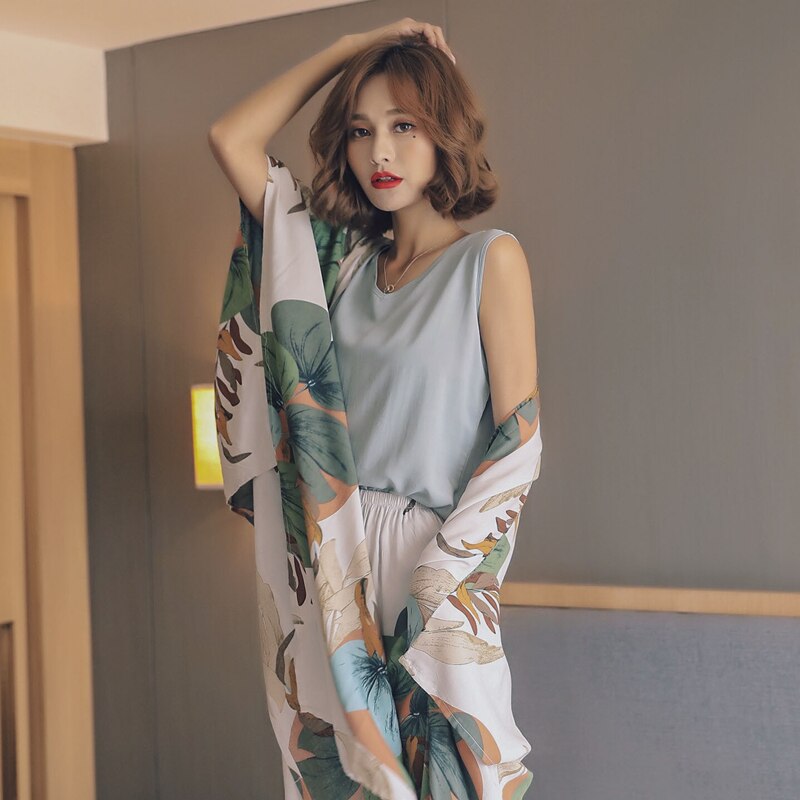 4-Piece Ladies Pajamas Set Leaf Cardigan Women's Home Wear Set Comfortable Cotton Silk Vest Robe Women's Pajamas: XL