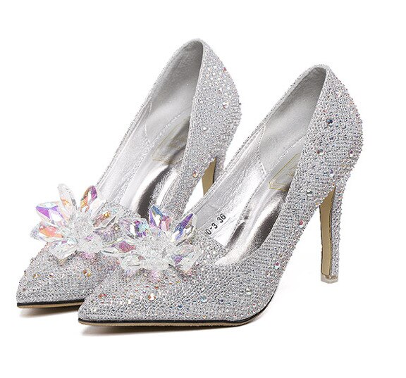 Zapatos de boda de cristal para mujer, zapatos de tacón con punta estrecha de Cenicienta, zapatos de tacón alto con diamantes de imitación, talla 10 11