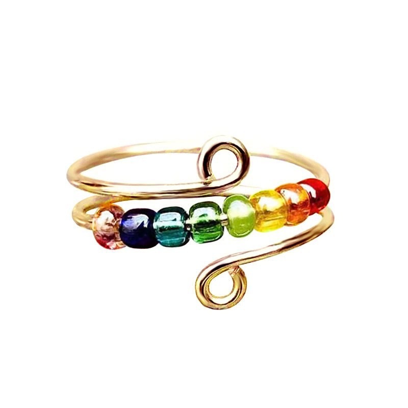 Trendy Rainbow Anxiety Rings Adjustable Stainless Steel Fidget Rotate Bead Anti Stress Relief Finger Ring Jewelry For Women: Orange