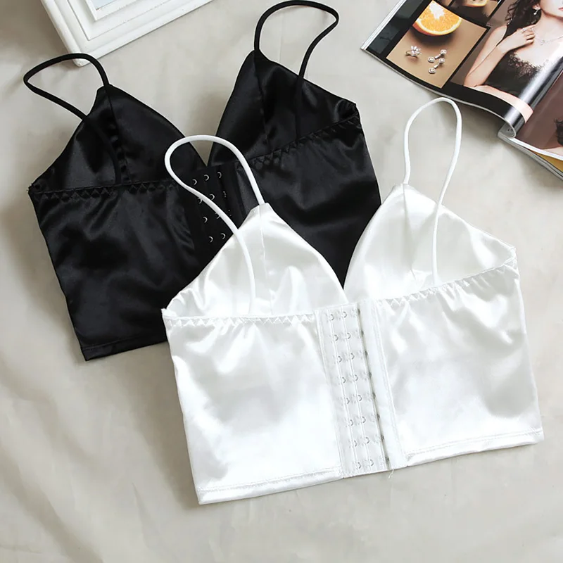 Sexy Satijnen Crop Tops Vrouwen Draadloze Bralette Gehaakte Top Vrouwelijke Spaghetti Band T-shirt Cropped Met Borst Padded Hemdje