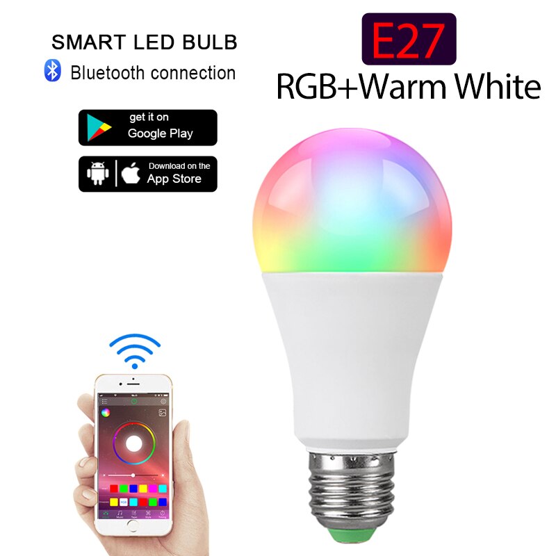 Smart led 15w pære  e27 rgb lampe 85-265v med ir fjernbetjening eller bluetooth 4.0 app rgb lampada til hjemmefest jul: Rgb varm hvid