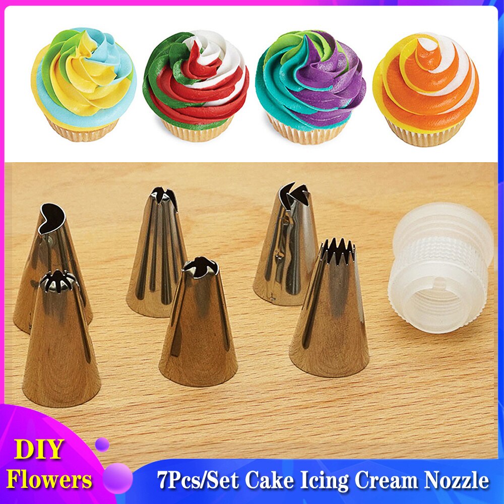 7 Stks/set Icing Nozzles Rvs Bloem Mond Icing Piping Nozzles Met Converter Cake Cookie Decorating Tool