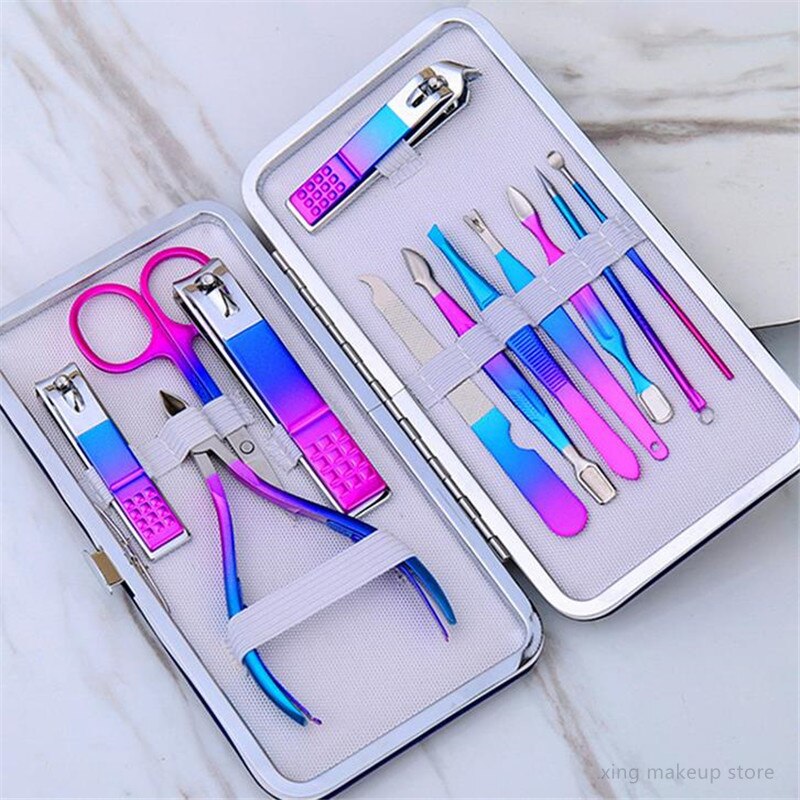 1 Set Rainbow Grandient Manicure Nail Kits Stainless Steel Nail Clippers Set Acne Needle Toenail Grooming Sets 30#: 12pcs