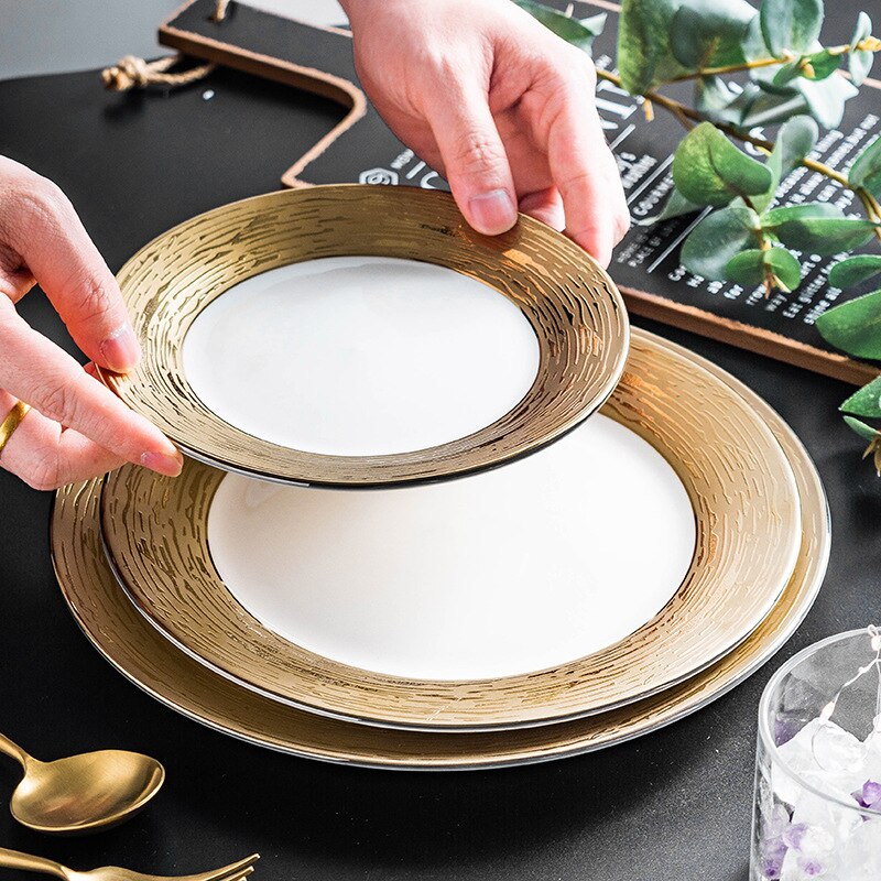 European Style Ceramic Plate Ceramic Dish Sub Simple Golden Trim Western Cuisine Plate Household Fruit Ceramic