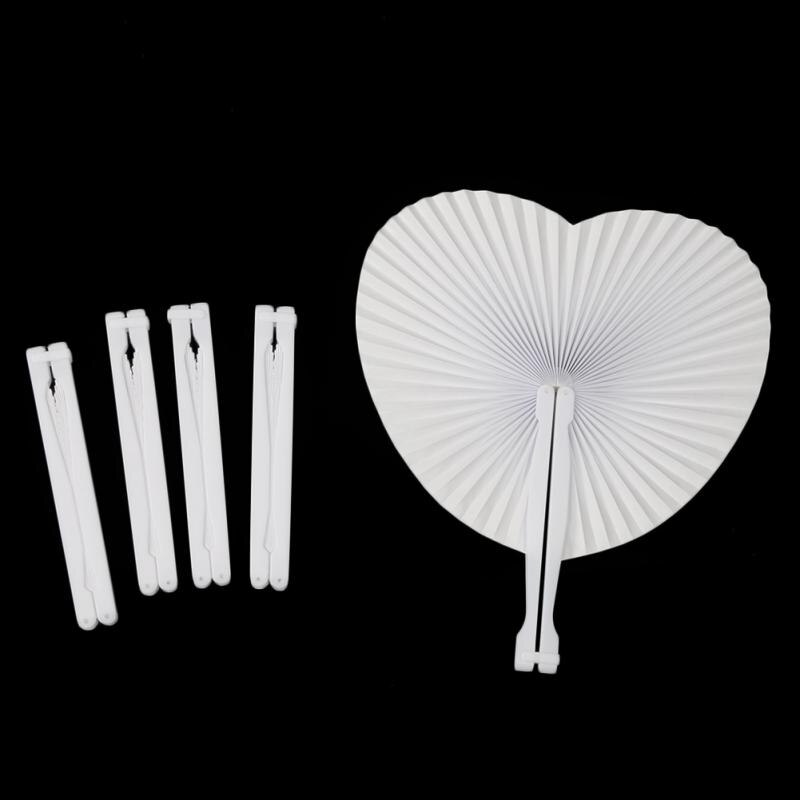 5 PCS Romantic Heart Shape Wedding Anniversary Hand Held Folding Paper Fan Party Heart White Blank Paper Folding Fans