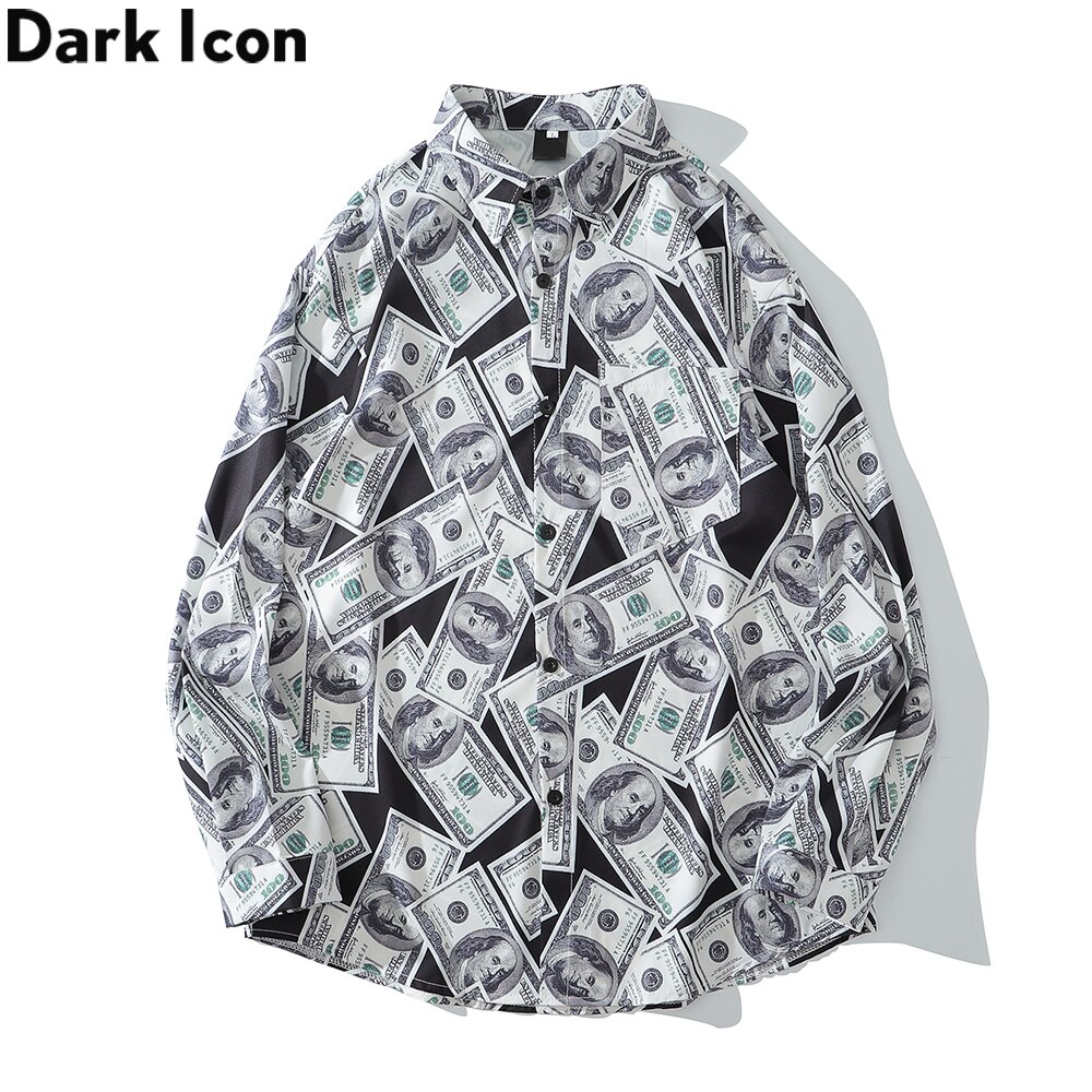 Dark Icoon Us Dollar Volledige Gedrukt Shirts Mannen Turn-Down Kraag Casual Mannen Shirt Logn Mouw Man Kleding