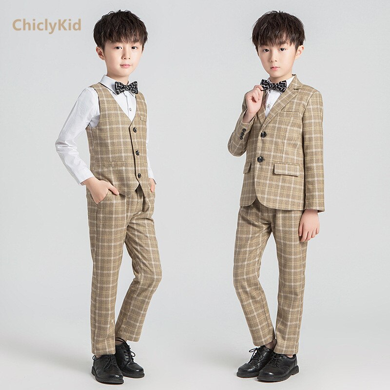 Ragazzi Plaid Suit Jacket bambini smoking abito formale abiti set bambino matrimonio mattina cappotto anello portatore blazer gilet pantaloni costumi