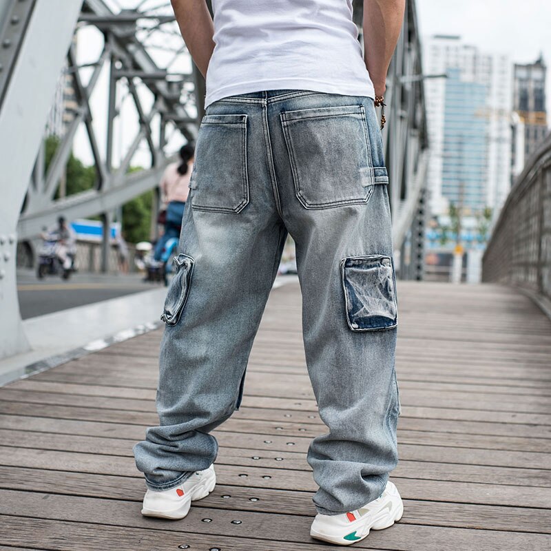 Pantalones vaqueros holgados de talla grande para hombre, ropa de calle informal con múltiples bolsillos, estilo Hip Hop, pantalones de pierna ancha azules para monopatín