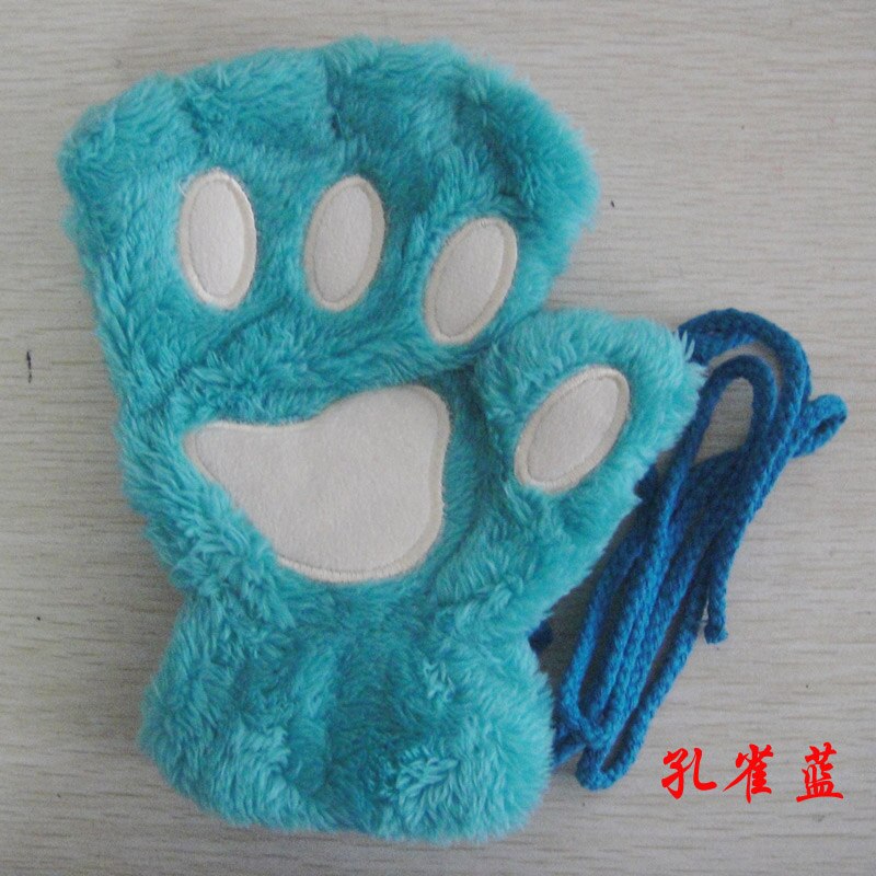 Gants de dessin animé chat fille, mitaine épaisse peluche ours patte demi-doigt G22: Peacock Blue