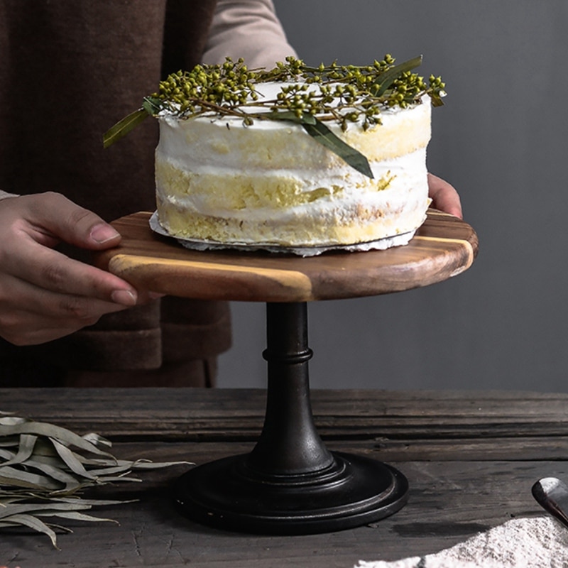 Cake Display Stand Solid Wooden Hand Polished Baking High Black Metal Leg Tray for Hotel Wedding Dessert Supplies