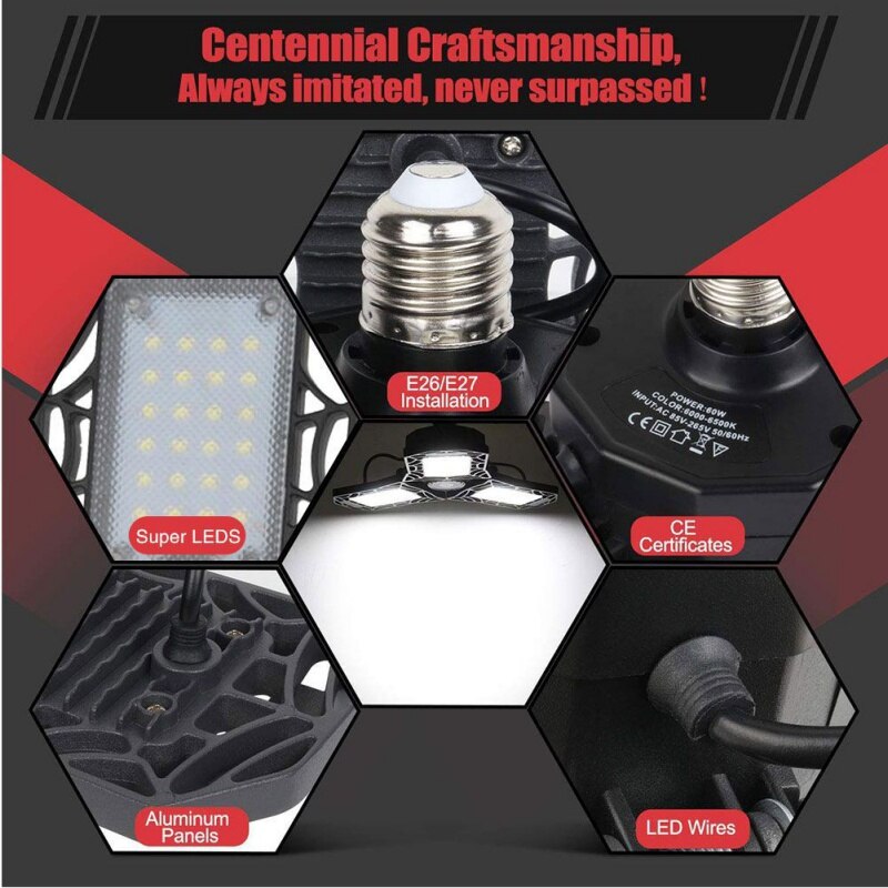 LED Garage Light 60W LED Ceiling Light Deformable Folding Pendant Light for Warehouse Corridor Stadium