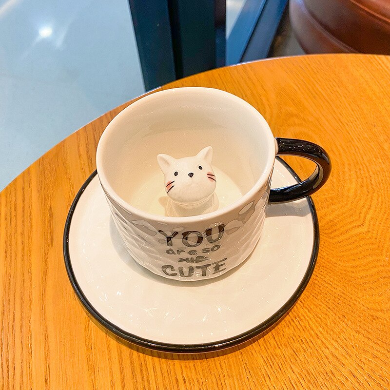 Kaffe kopper sæt te kopper sæt søde kat sjove kop keramiske krus kop og underkopper kinesiske porcelæn kaffekrus: B