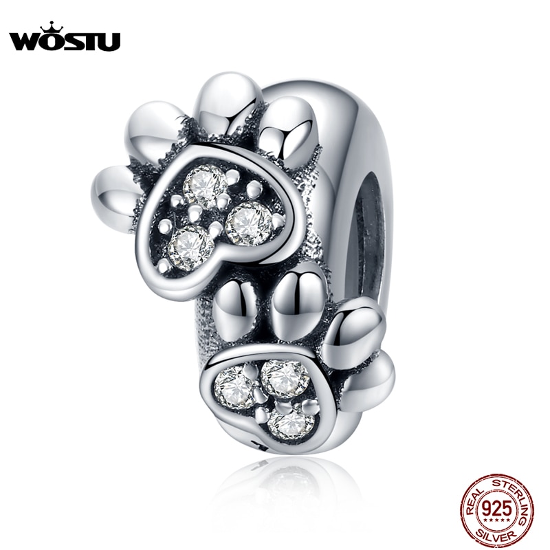 WOSTU 925 Sterling Zilver Siliconen Stopper Spacer Poot Hond Footprint Kralen Bedels Fit Originele Armband Sieraden CQC1312