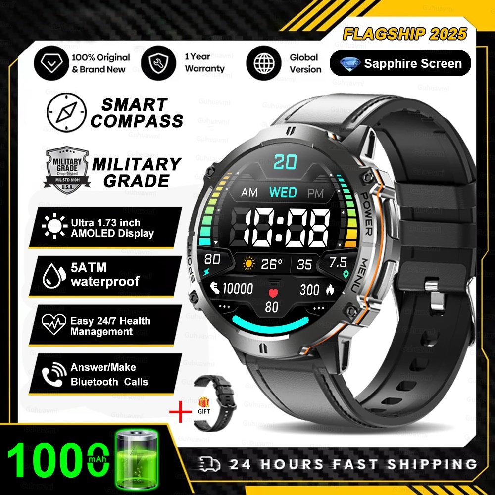 2025nuovo carro armato T3 ultra 2 GPS Astuto Della Vigilanza Degli Uomini Bussola Alltimetro 1000mAh Batteria 10ATM Impermeabile sport fitness AMOLED Chiama Orologi: verde
