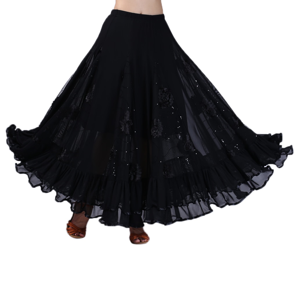 Flamenco Ballroom Waltz Dance Swing Skirt Sequin Flowers Party Dress