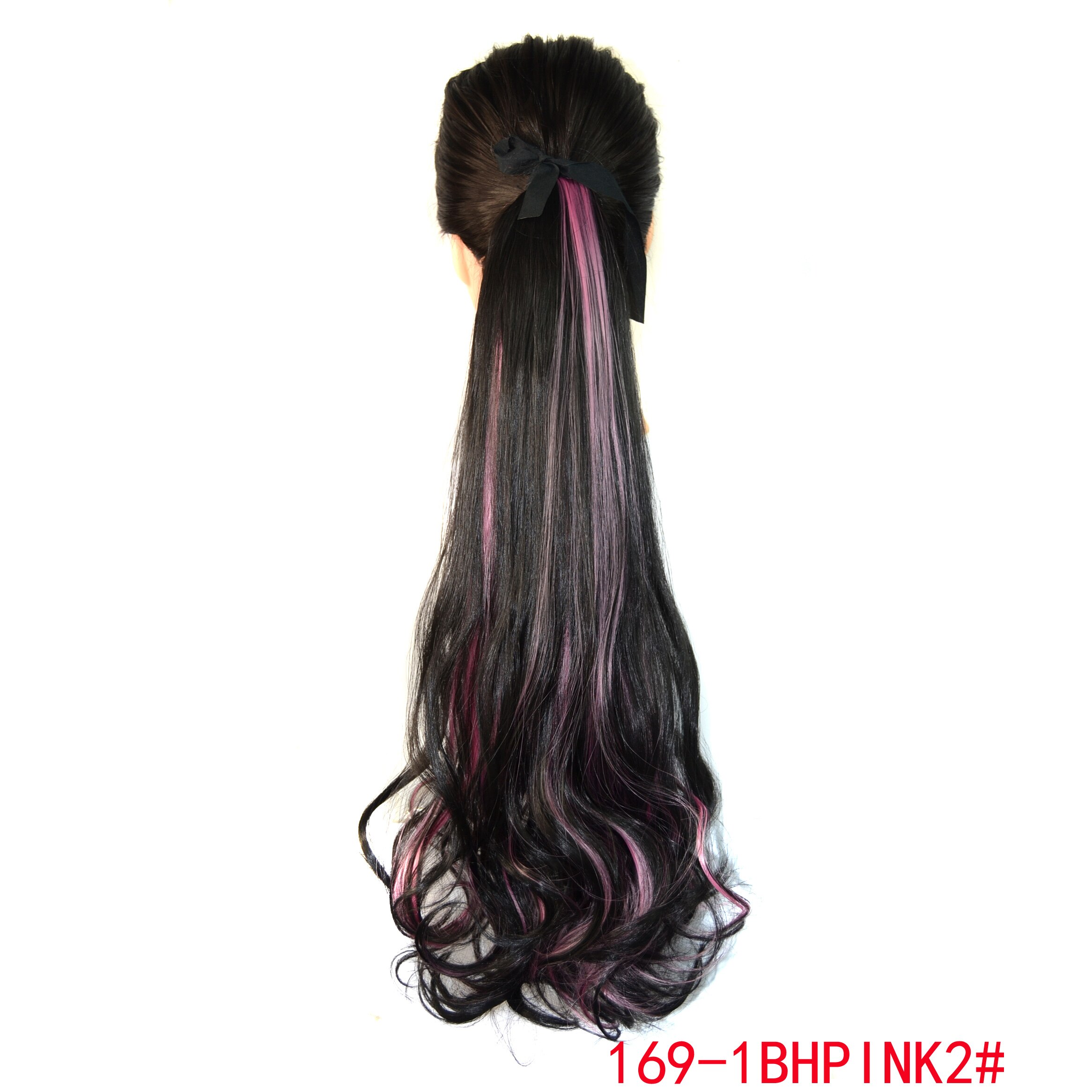 ZM Hairpiece Long Wavy Ombre Mixed ColorDrawstring Pony tail for Women High Temperature FIber Synthetic Ponytail Hair Extensions: 169-1BHPINK2