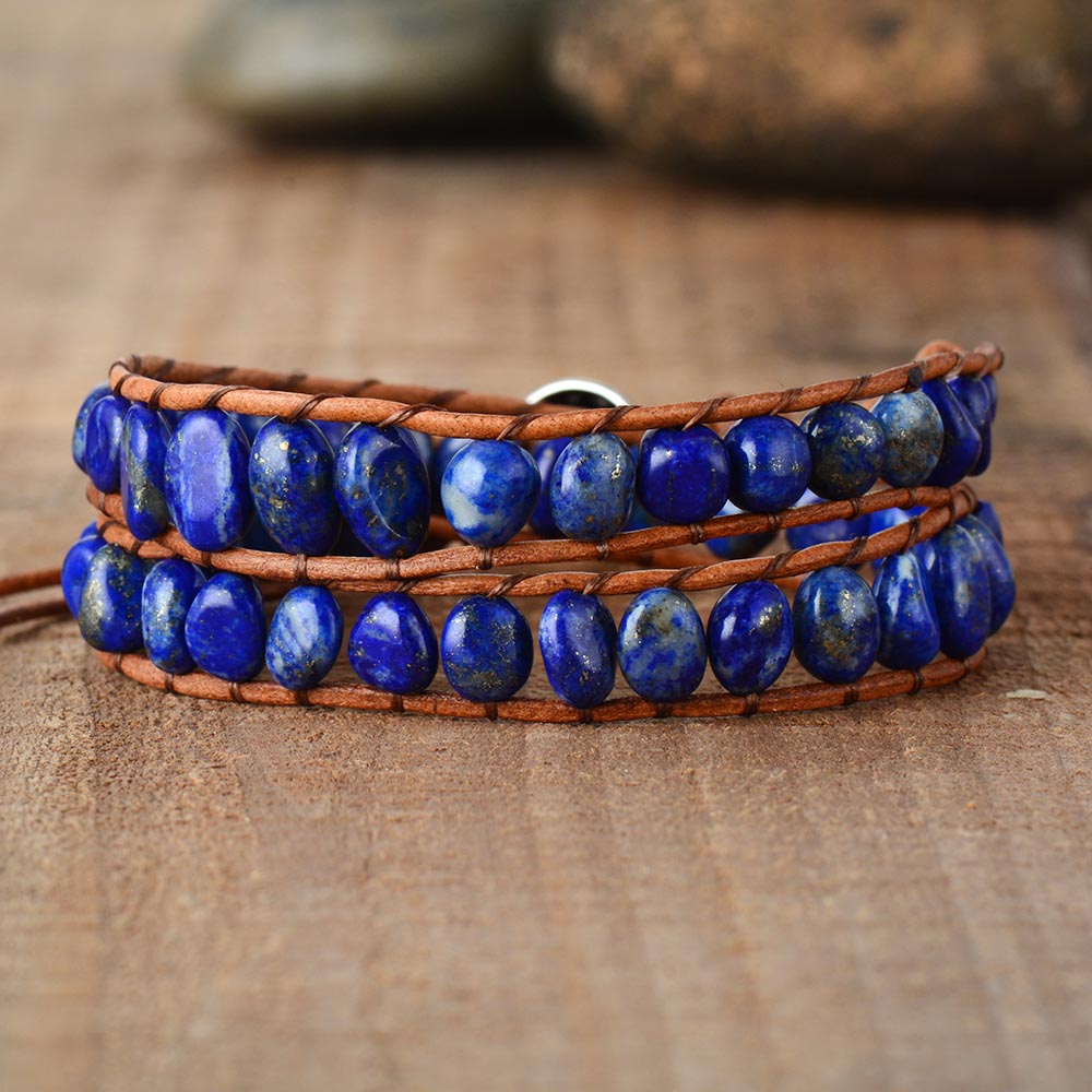 Stenen kralen heren dames leren wikkelarmbanden met lapis lazuli kralen 2x polsbandjes armband koppels sieraden