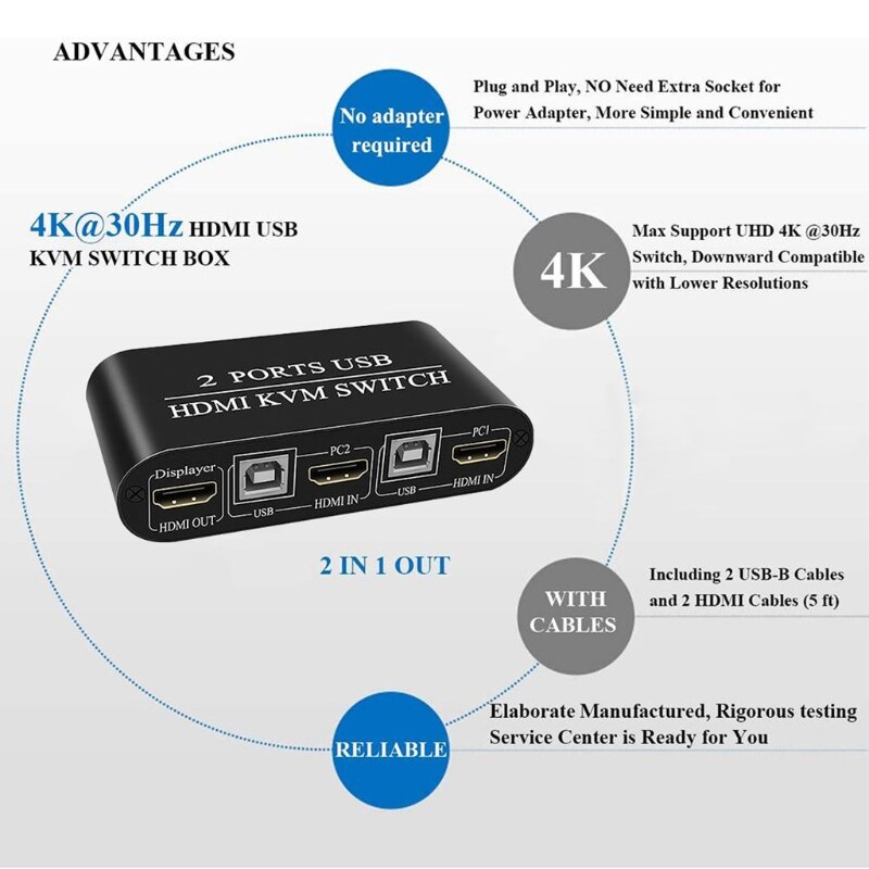 4K Kvm Switch 2-Poort Usb Handmatige Switcher Box Toetsenbord Muis Splitter