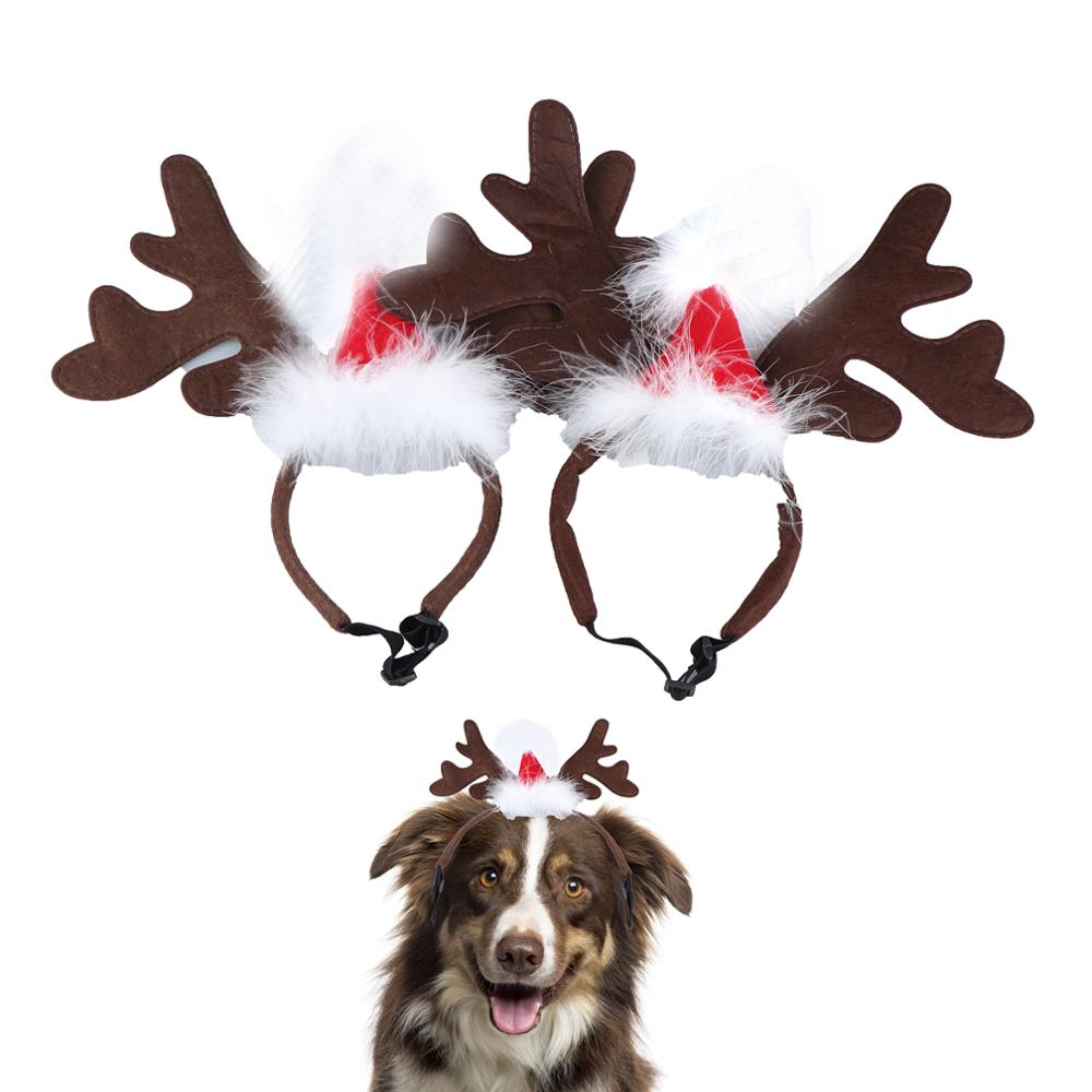 2 stk hund jul rensdyr gevir pandebånd med santa hat justerbar elastisk rem pandebånd klassisk hovedbeklædning fest kæledyr kostume: Mørkebrun