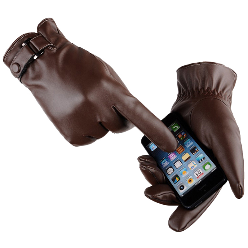 Herren Winter Leder Warme Handschuhe Männer Wasserdicht Faux Fahren Dünn für Touchscreen Braun Guantes