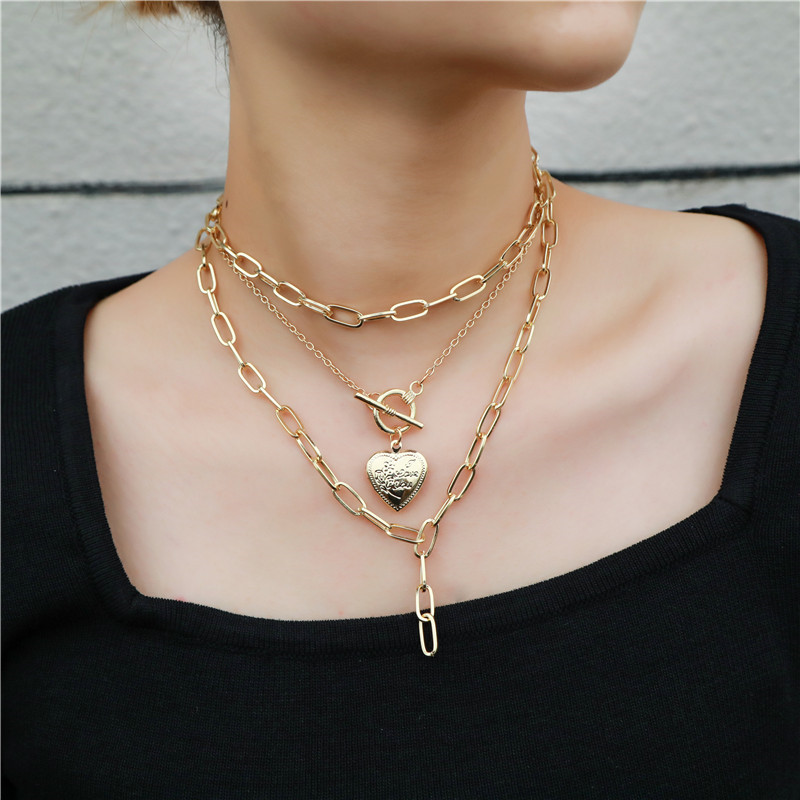 Punk gold silver color multi-layer cuban link chain necklace open heart pendant choker necklaces for women