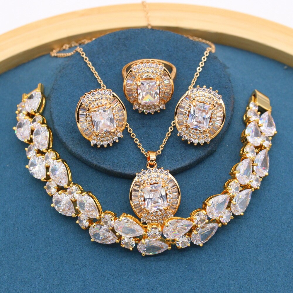 Luxe Wit Zirconia Gouden Kleur Sieraden Sets Voor Vrouwen Bruiloft Armband Stud Oorbellen Ketting Ring Box