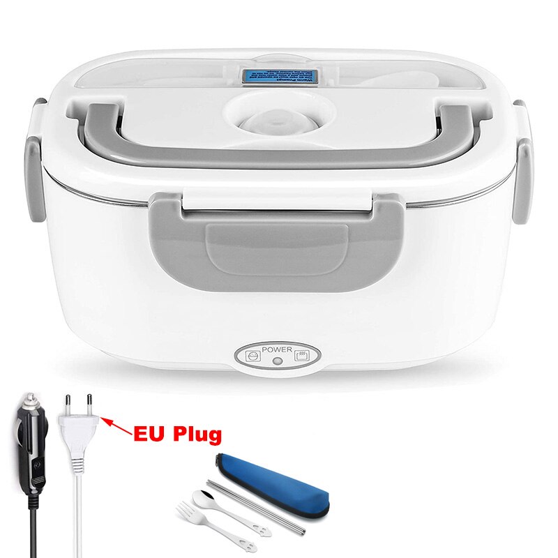 Fiambrera eléctrica de acero inoxidable 2 en 1, 110V, 220V, 12V y 24V, calentador de comida escolar para oficina y coche, conjunto de caja Bento: Car and EU Plug