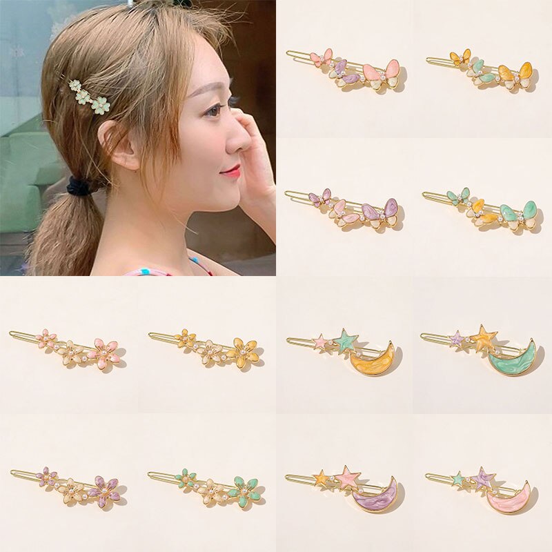 Vintage coloré perle épingles à cheveux géométrique papillon fleurs étoiles lune style pinces à cheveux doux coréen Barrette cheveux accessoires