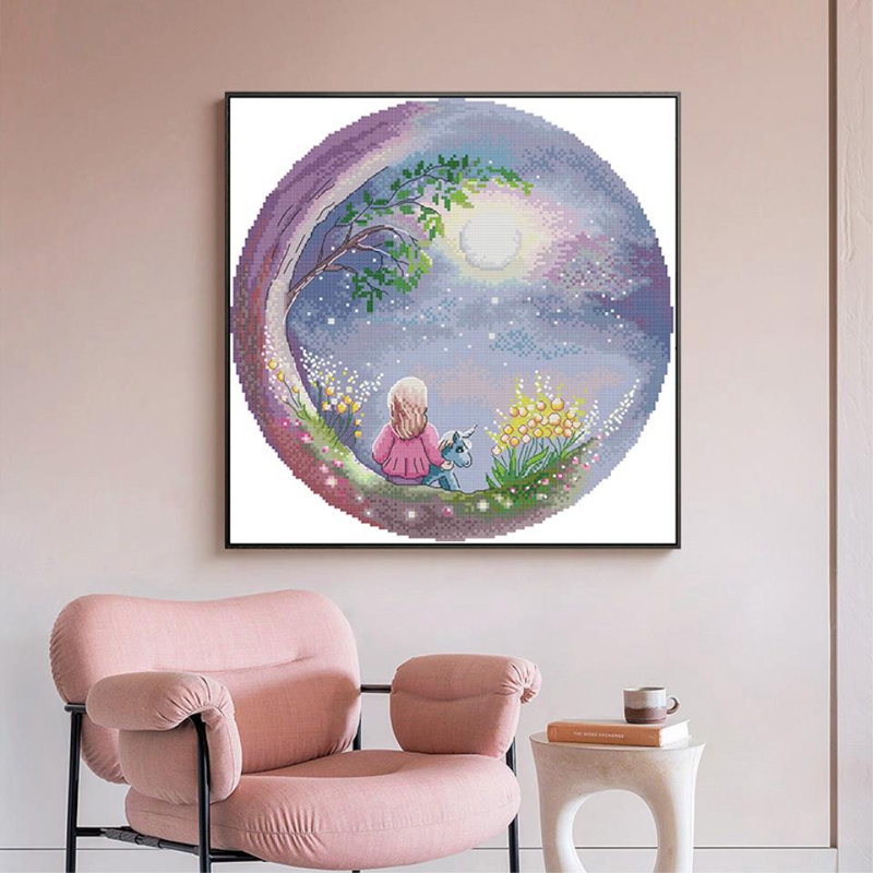 Cross Stitch Stamped Kits 14CT Printed Embroidery Cloth Needlepoint Kits Easy Patterns For Looking Up At The Moon Sky