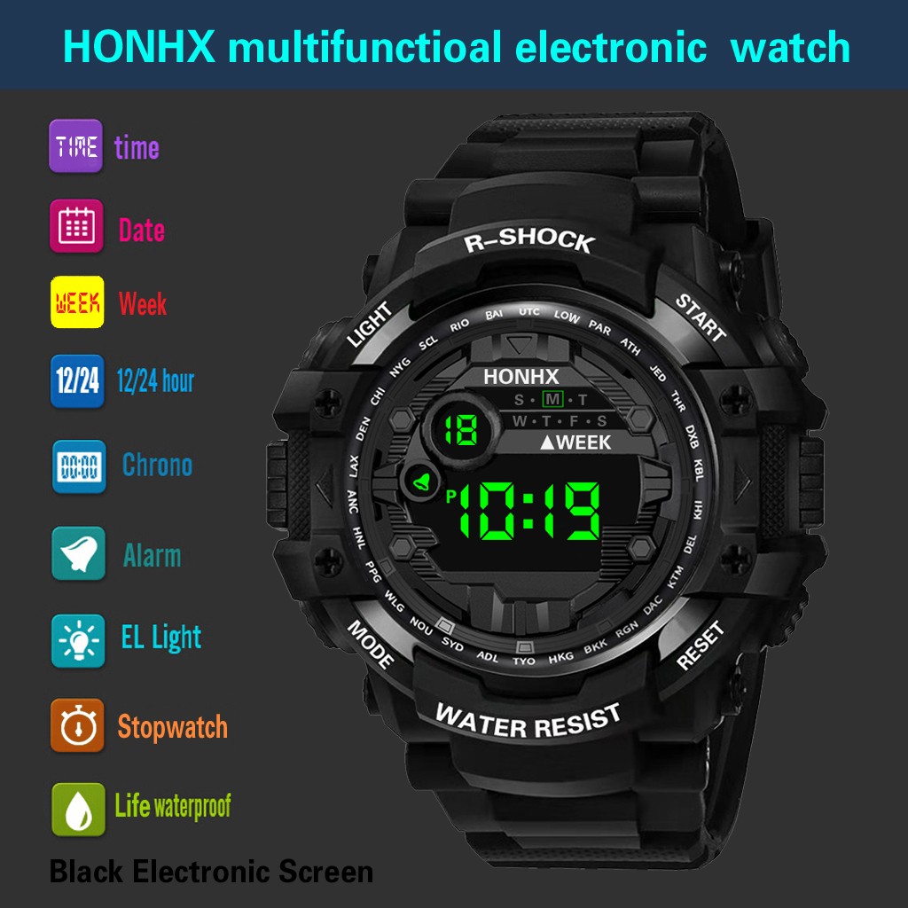 HONHX Watch Men Sport Clock Life Waterproof Men's LCD Relogio Digital Stopwatch Date TPU Strap Electronic Wristwatch Reloj 40*