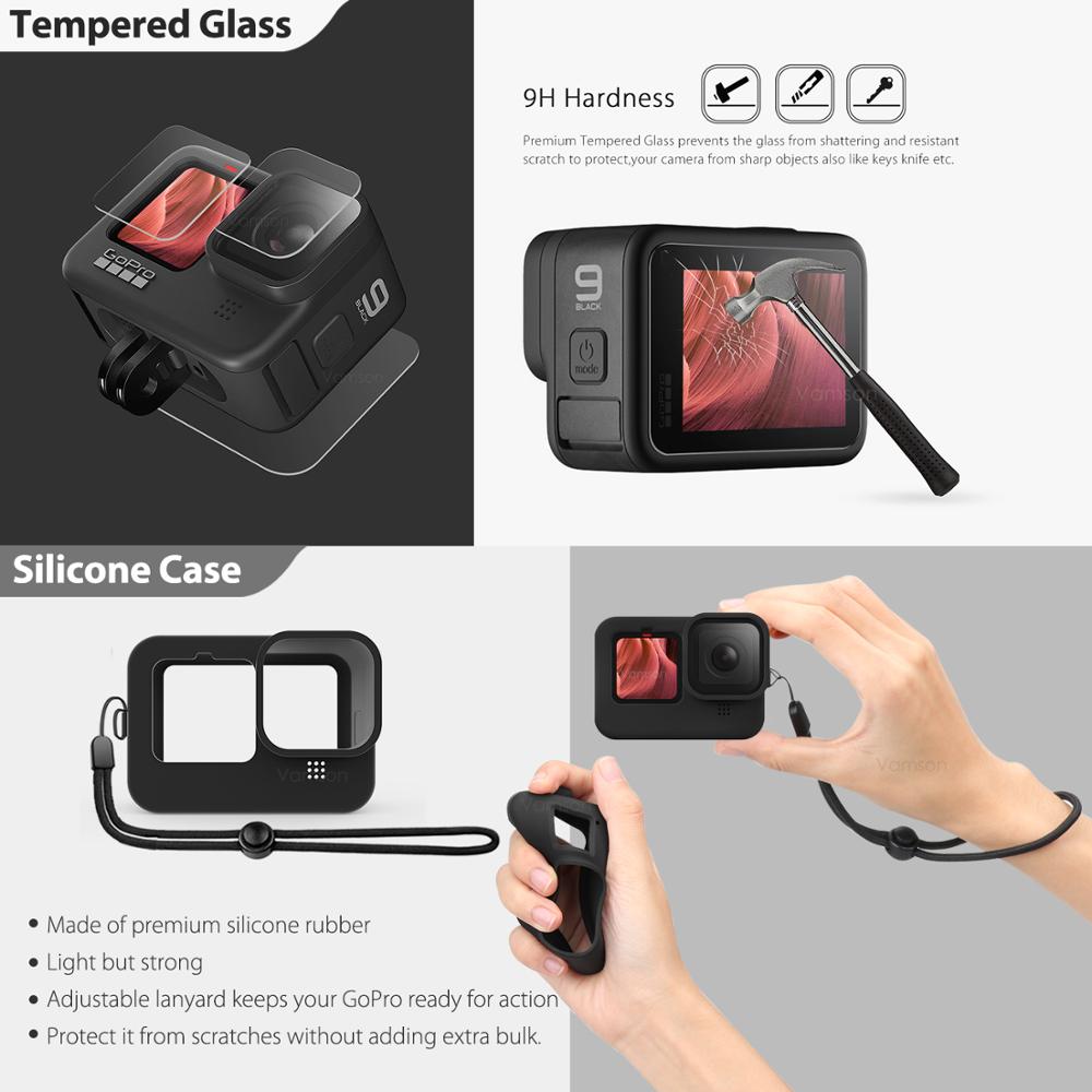 Vamson tilbehørssæt til gopro hero 10 9 sort mini bæretaske hærdet glas skærmbeskytter ærmesnor til go pro 9