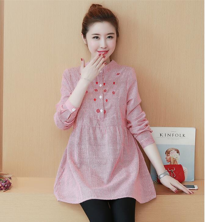 Envsoll-Blusa de maternidad coreana para mujeres embarazadas, ropa de maternidad, camisa a rayas, suelta, de manga larga, Tops de embarazo, Gravida,: Rosa / M
