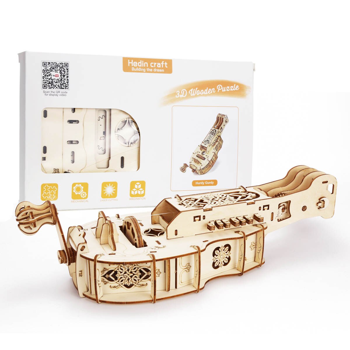 Hurdy Gurdy Mechanical Model DIY Musical Instrument 3D Wooden Puzzle Building Kits Birthday For Adults and Kids