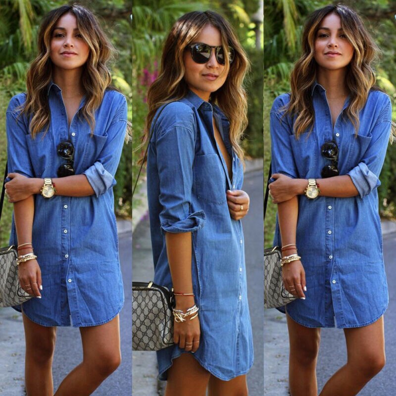Women Denim Jeans Dress Button Summer Long Sleeve Casual Tops Mini Shirt Dress Bikini Cover Up Beachwear